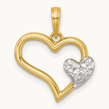 Polished Heart Shape With Mini Heart Charm, 14K with White Rhodium