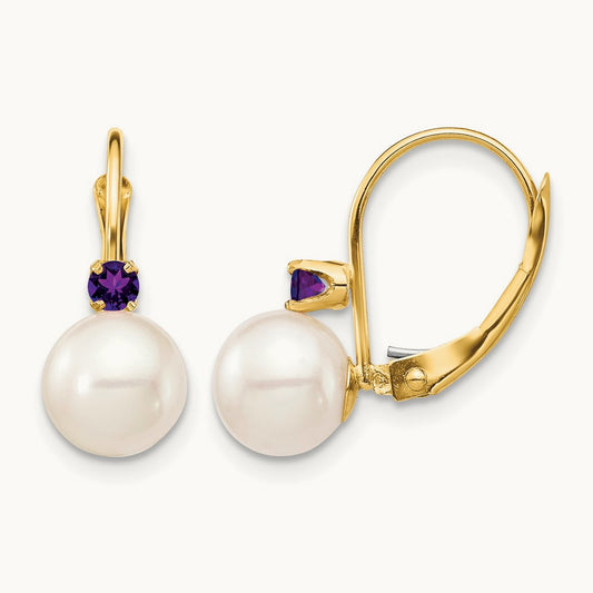 7- White Round FWC Pearl Amethyst Leverback Earrings, 7.5mm, 14K