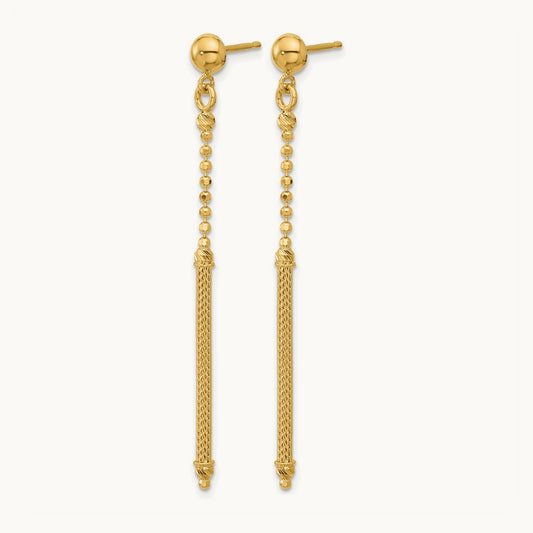 Polish/Texture/Dia-cut Bead w/Bar Dangle Post Earrings, 14K — Leslie's