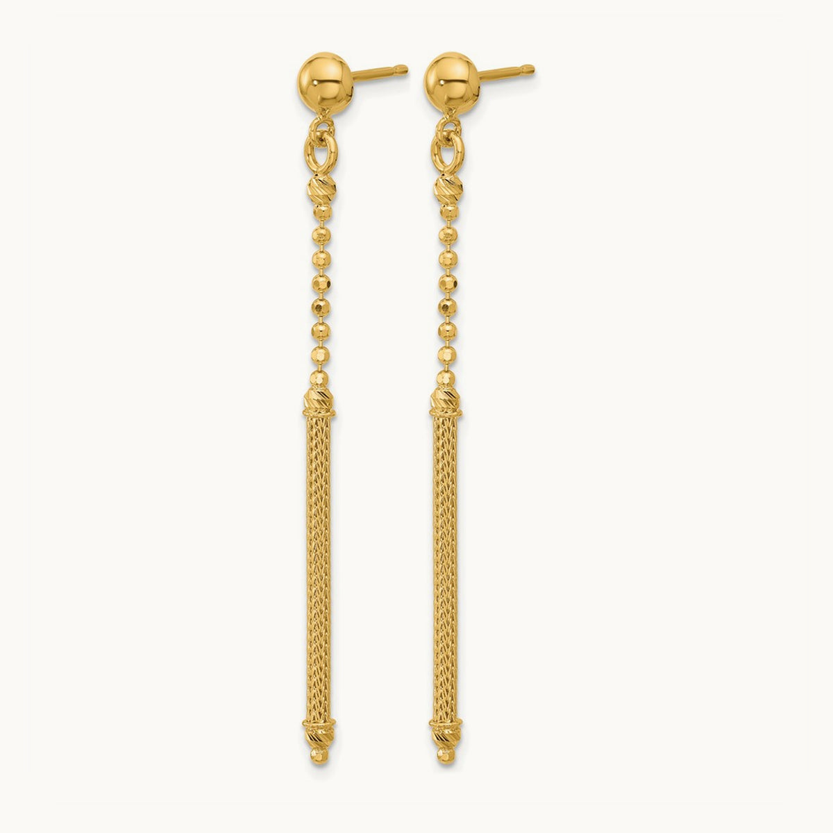Polish/Texture/Dia-cut Bead w/Bar Dangle Post Earrings, 14K — Leslie's