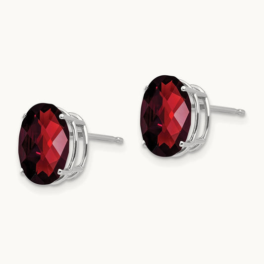 10x8mm Oval Garnet Checker Earrings, 14K White Gold