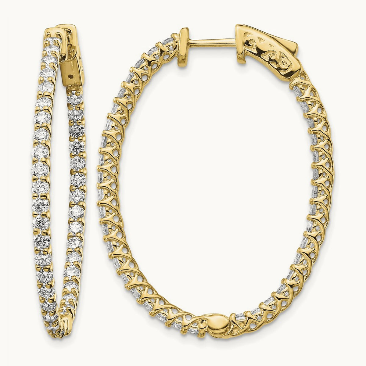 Diamond Oval Hoop w/Safety Clasp Earrings, 14K