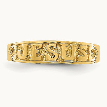 Polished Jesus w/Hearts Ring, 14K Gold