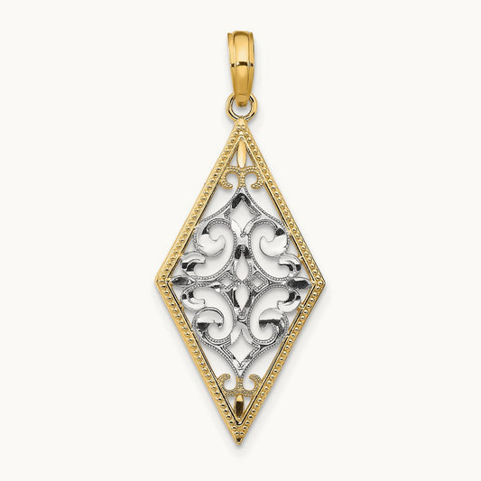 w/Rhodium Diamond Shape Cut-Out Filigree Charm, 14K