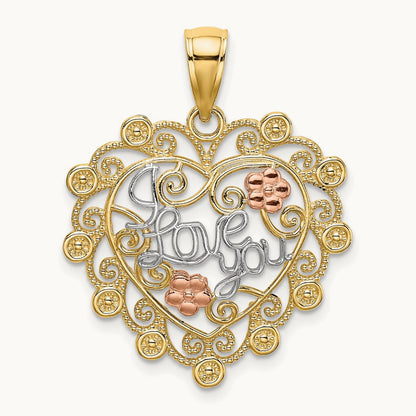 w/White Rhodium I LOVE YOU Filigree Heart Flower Charm, 14K Two-tone