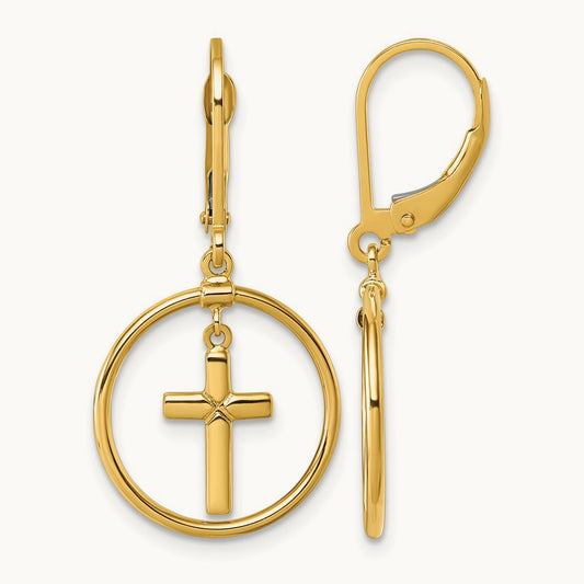 Polished Cross Leverback Dangle Earrings, 14K