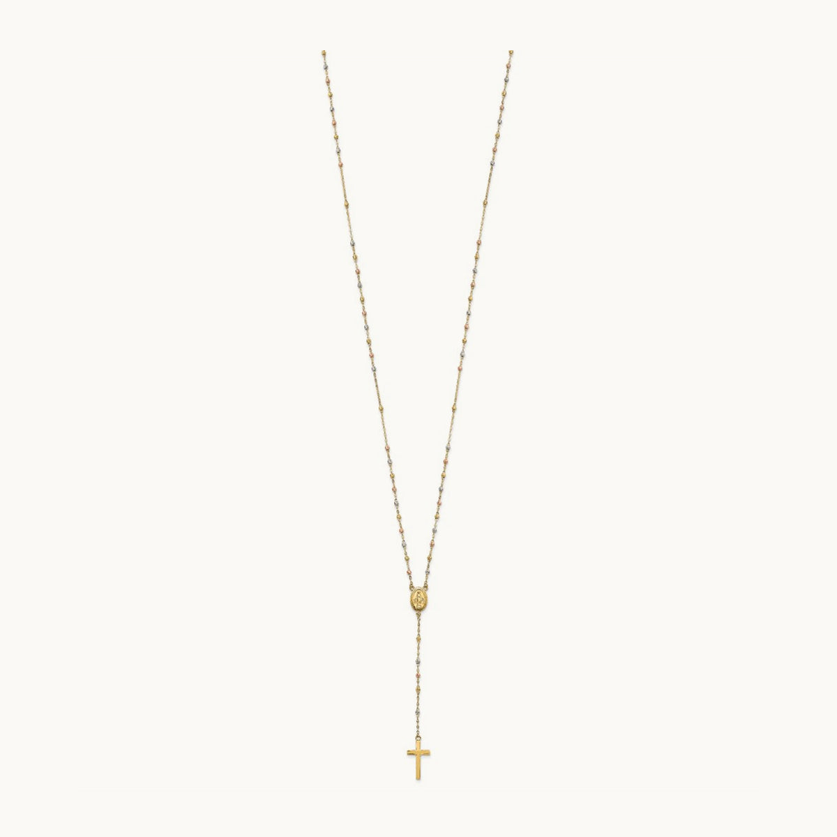 Tri-color Bead Rosary 17in w/3 in ext Necklace, 14K