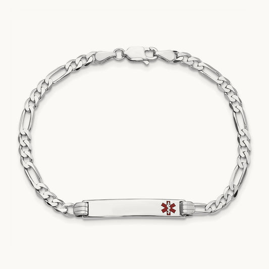 Medical Red Enamel Figaro Link ID Bracelet, 14K White Gold