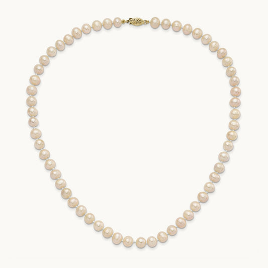 7- Near Round Pink FWC Pearl Necklace and Button Earring Set, 8mm, 14K