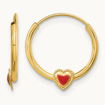 Madi K Polished Red Enameled Heart Hoops, 14K