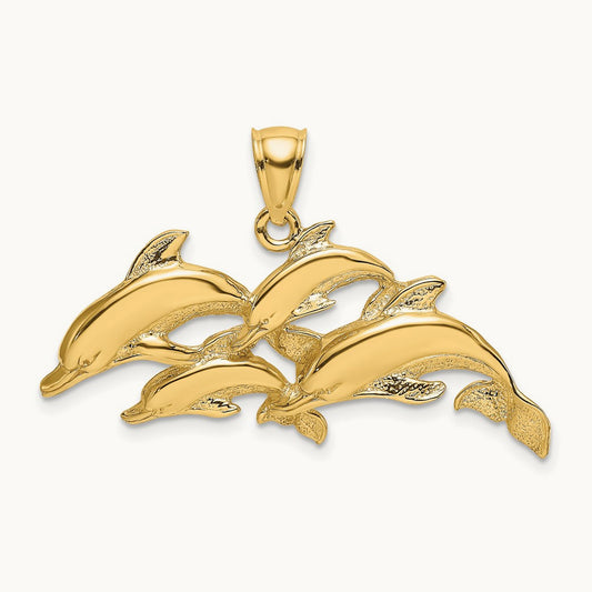 Polished Four Dolphins Swimming Charm, 14K