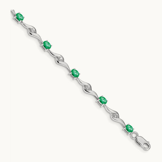 White Sapphire and Emerald Gemstone Bracelet, 14K White Gold