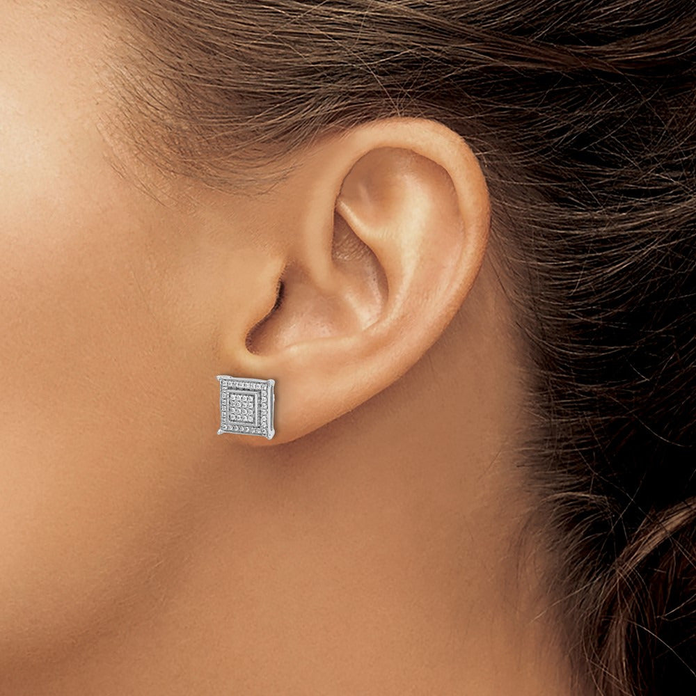 Diamond Small Double Square Bezel Post Earrings — 14K White Gold