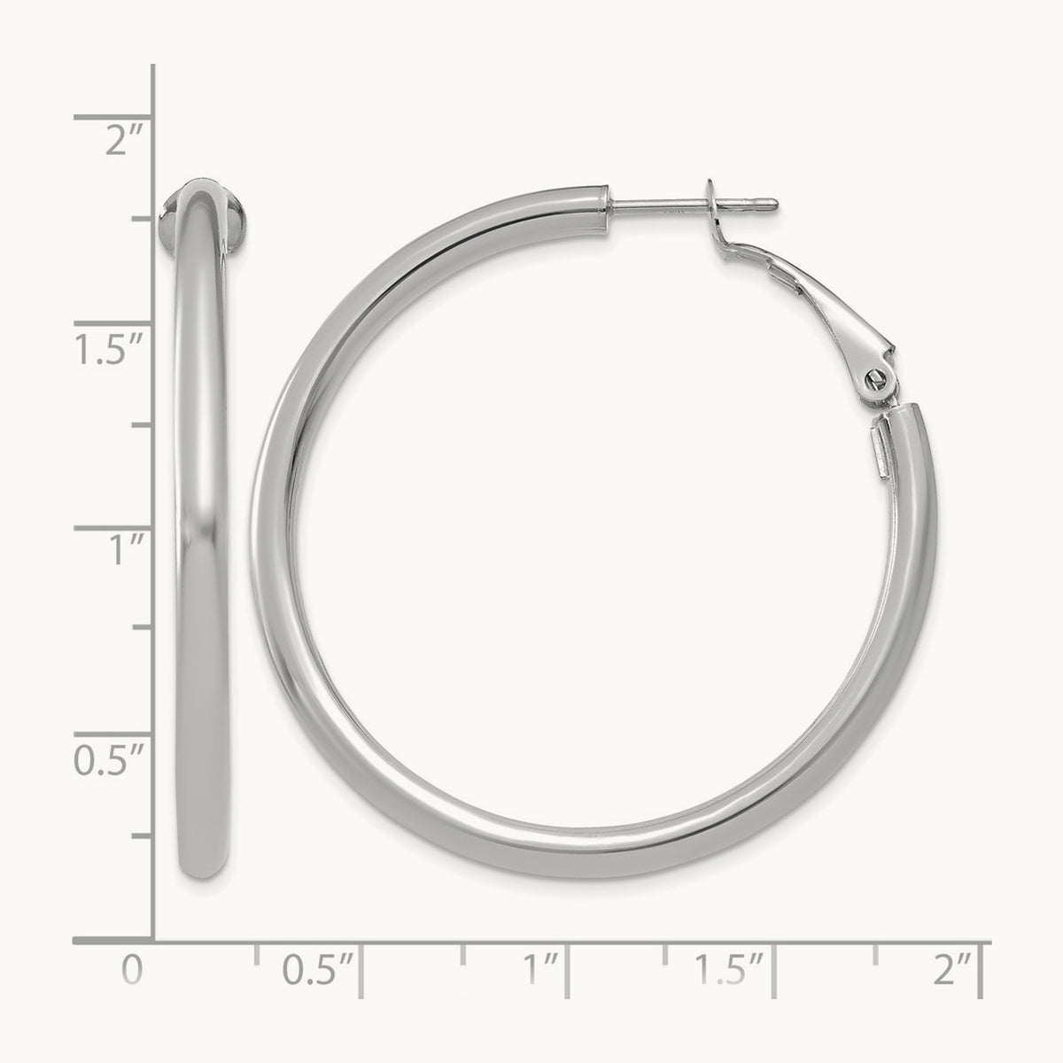 Polished Round Omega Back Hoop Earrings — 14K White Gold, 3x41mm