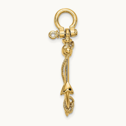3-D Anchor W/Long T Bar and Shackle Bail Charm, 14K