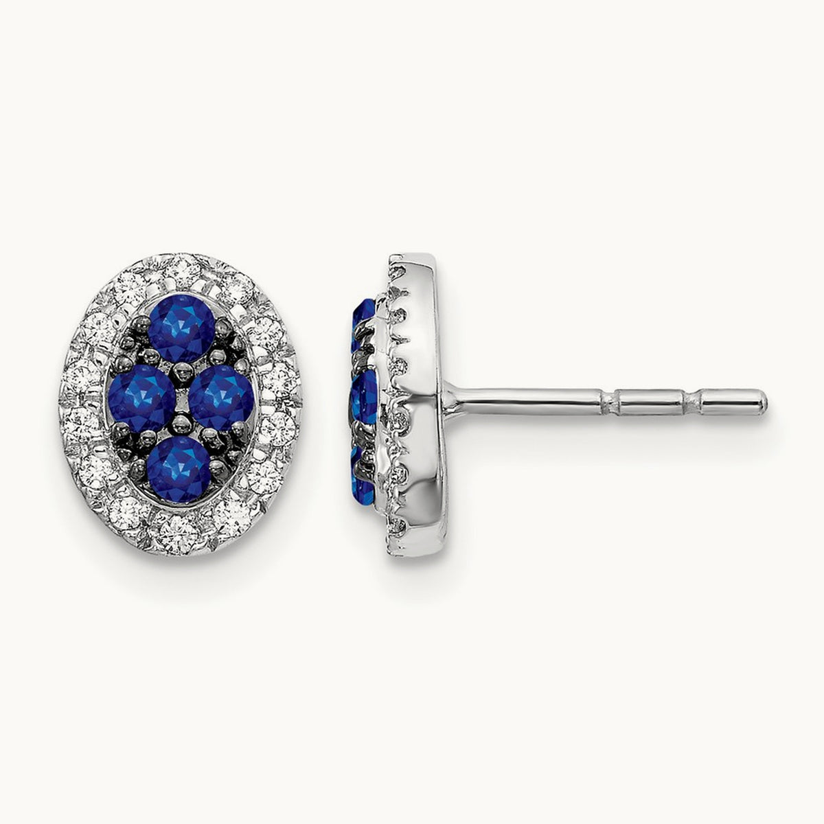 Diamond and Sapphire Oval Post Earrings, 14K White Gold