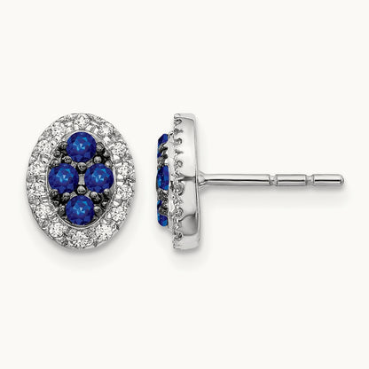 Diamond and Sapphire Oval Post Earrings, 14K White Gold