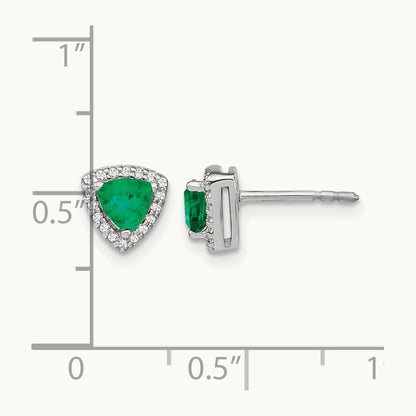 Trillion Emerald and Diamond Halo Earrings, 14K White Gold