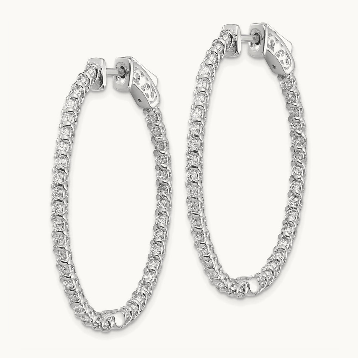 Diamond Oval Hoop w/Safety Clasp Earrings, 14K White Gold