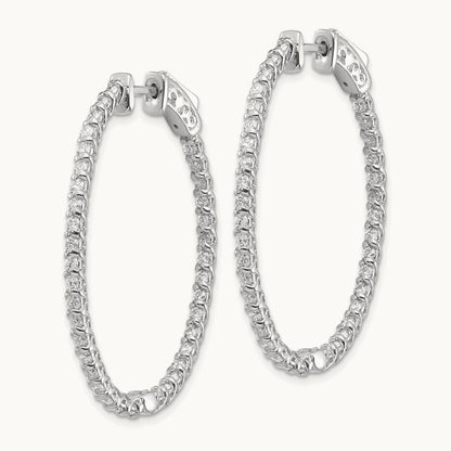 Diamond Oval Hoop w/Safety Clasp Earrings, 14K White Gold