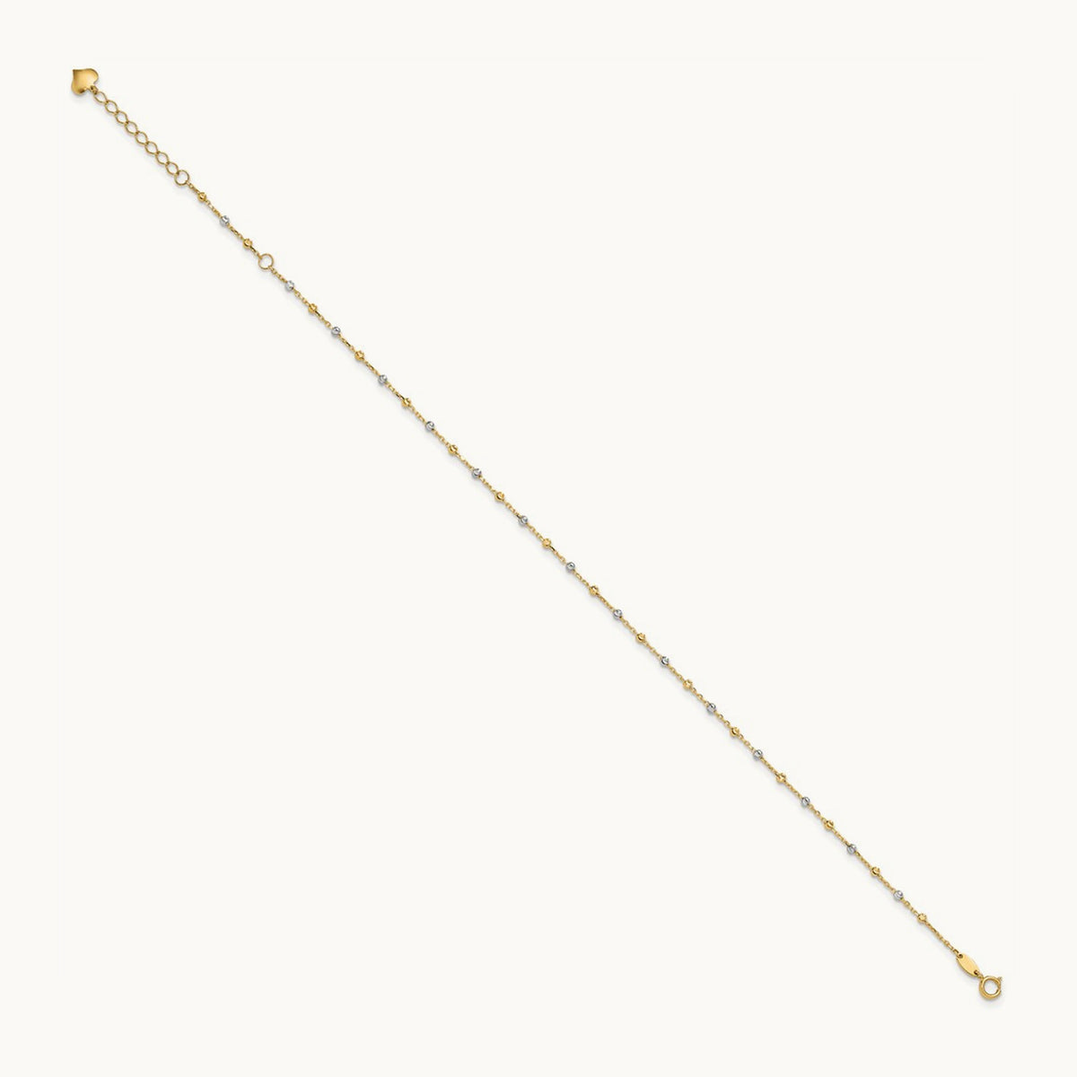 Polished and Diamond-cut Beads 10in Plus 1in ext. Anklet, 14K Two-tone
