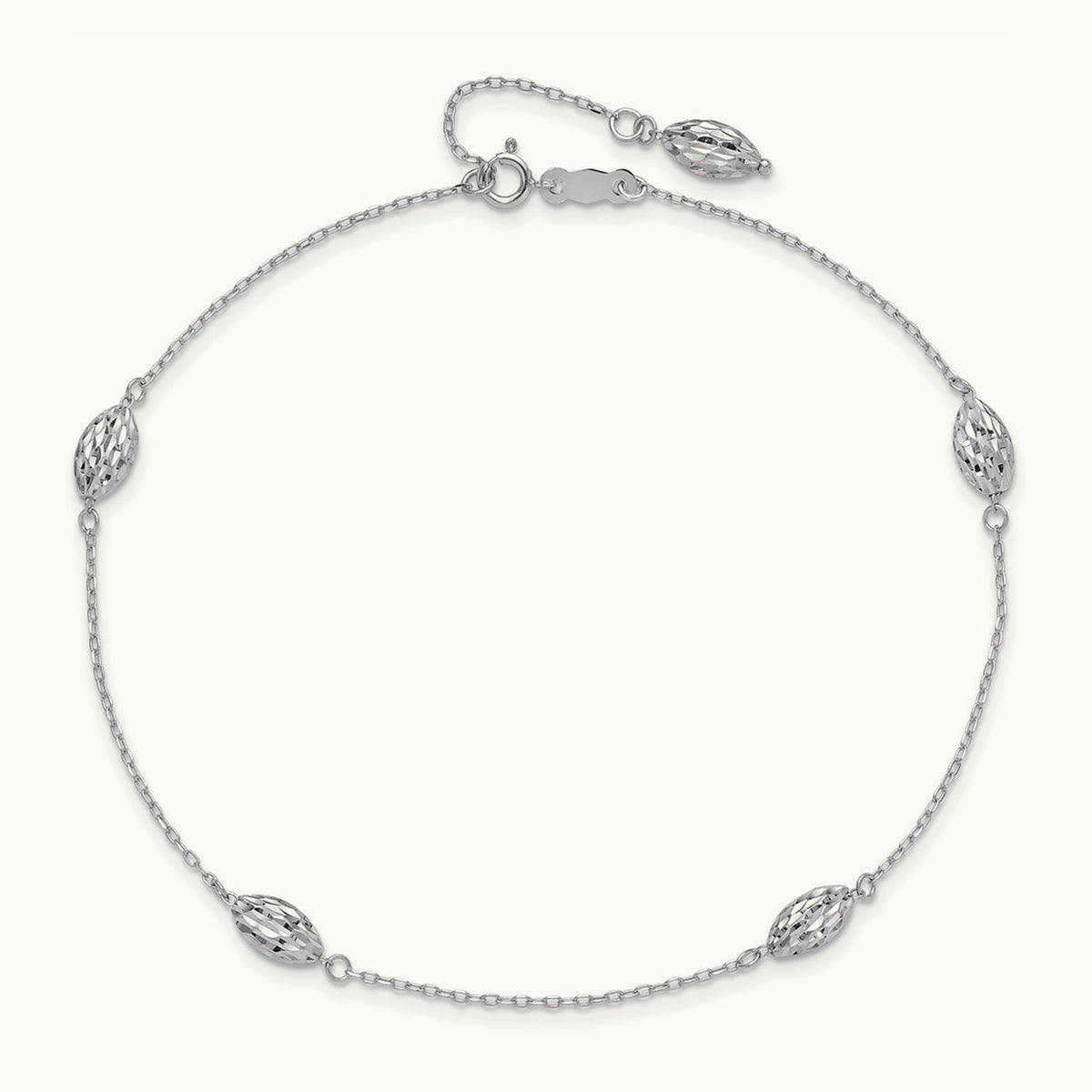 Puffed Rice Bead 9in Plus 1in ext. Anklet, 14K White Gold