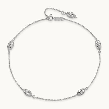 Puffed Rice Bead 9in Plus 1in ext. Anklet, 14K White Gold