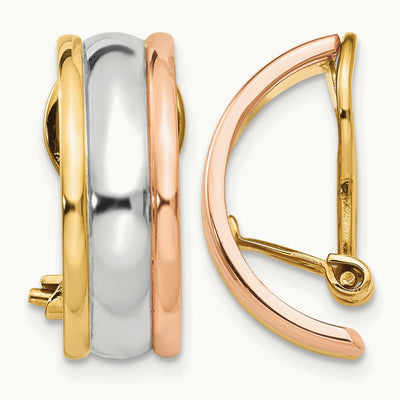 TRI COLOR NON-PIERCED EARRINGS, 14K