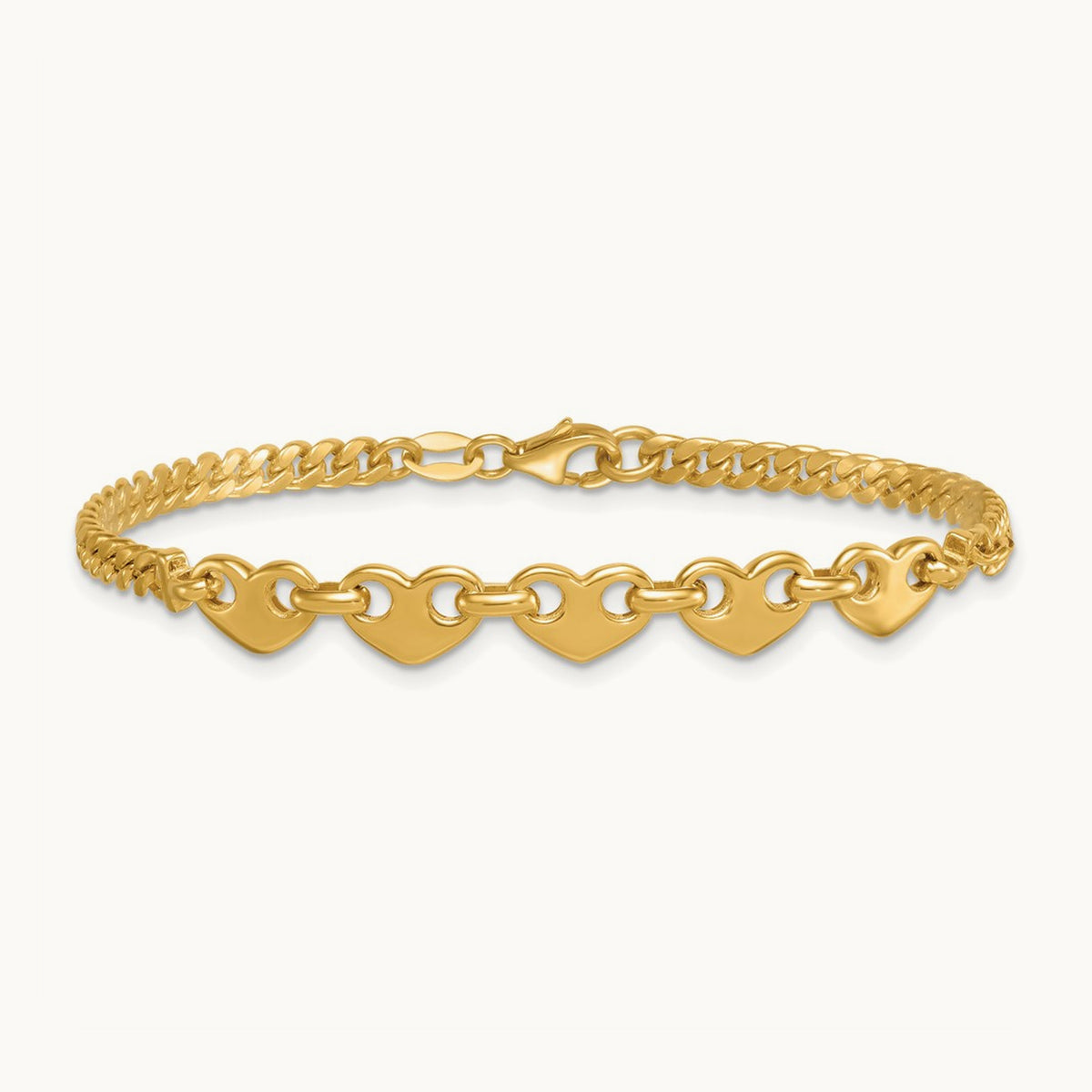 Polished Hearts Curb Link 7inch Bracelet, 14K