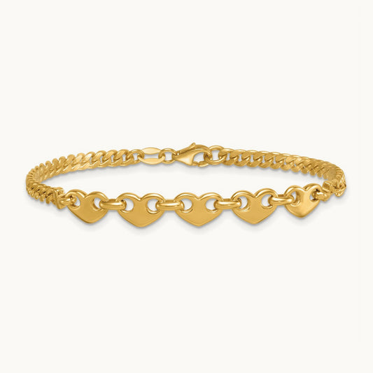 Polished Hearts Curb Link 7inch Bracelet, 14K