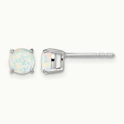 Round Created Opal Earrings, 14K White Gold