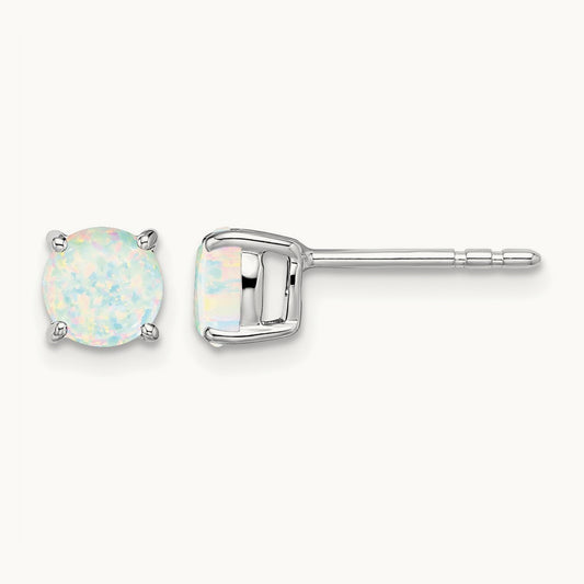 Round Created Opal Earrings, 14K White Gold