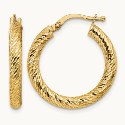 Polished Diamond-cut Round Hoop Earrings — 14K Yellow Gold