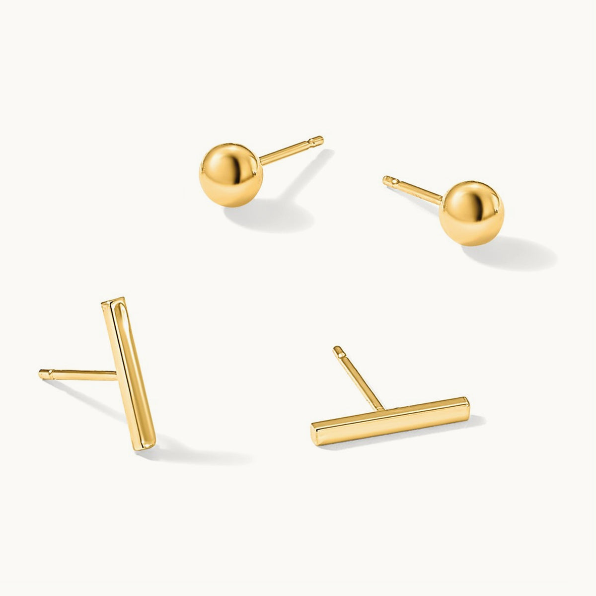 Bar and Ball Post Earrings Set, 3mm, 14K