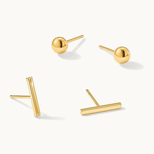 Bar and Ball Post Earrings Set, 3mm, 14K