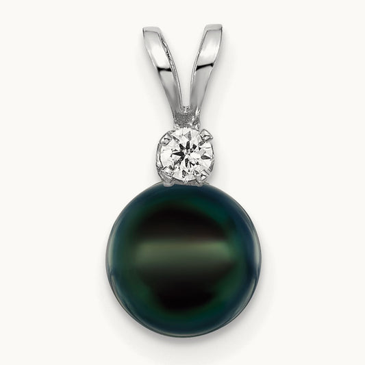 7- Black Round Saltwater Akoya Cultured Pearl Diamond Post Pendants, 8mm, 14K White Gold