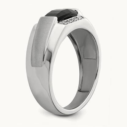 Polished & Satin Onyx & Diamond Mens Ring, 14K White Gold