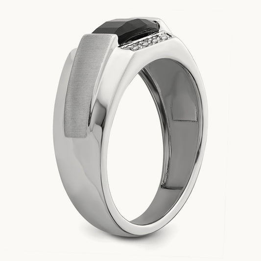 Polished & Satin Onyx & Diamond Mens Ring, 14K White Gold