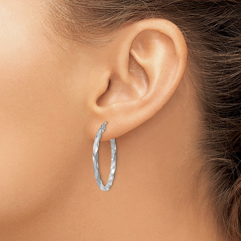 Polished & Satin Twisted Hoop Earrings — 14K White Gold