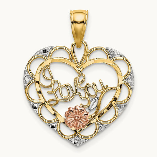 Two-one w/White Rhodium I LOVE YOU Heart w/ Flower Charm, 14K