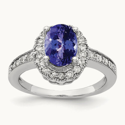 8x6mm Oval Tanzanite AA Diamond ring, 14K White Gold