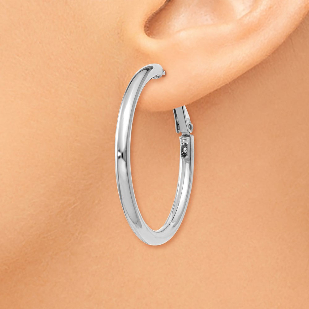 Polished Round Omega Back Hoop Earrings — 14K White Gold, 3x36mm