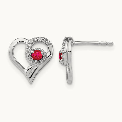 Ruby and Diamond Heart Earrings — 14K White Gold, 11mm