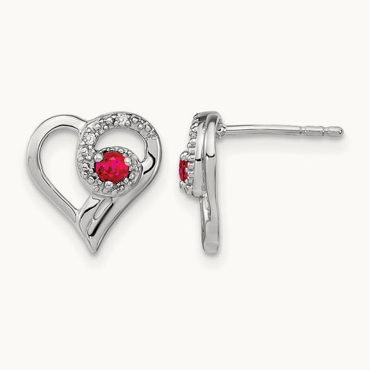 Ruby and Diamond Heart Earrings — 14K White Gold, 11mm