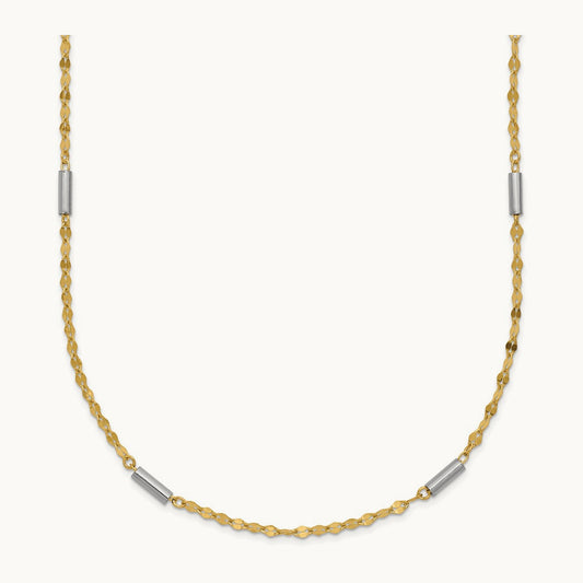 Diamond-cut Mini Bar Links Fancy Necklace, 14K Two-tone