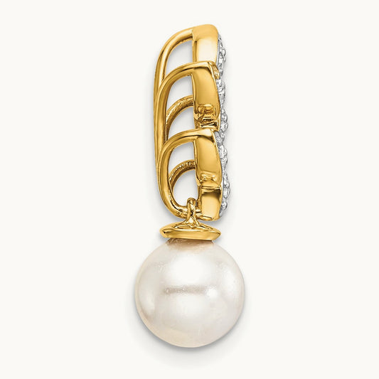 Polished Diamond and Pearl Leaf Chain Slide, 14K