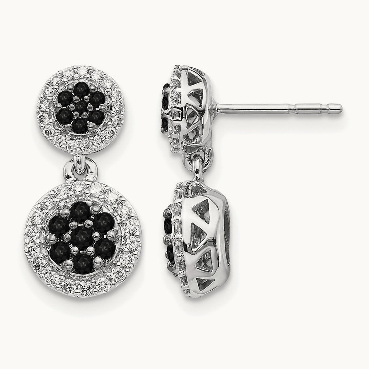 Black/White Diamond Cluster Dangle Earrings, 14K White Gold