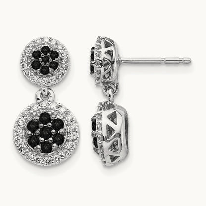 Black/White Diamond Cluster Dangle Earrings, 14K White Gold
