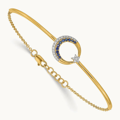Diamond and Sapphire Moon and Star 7in w/.5in ext Bar Bracelet, 14K