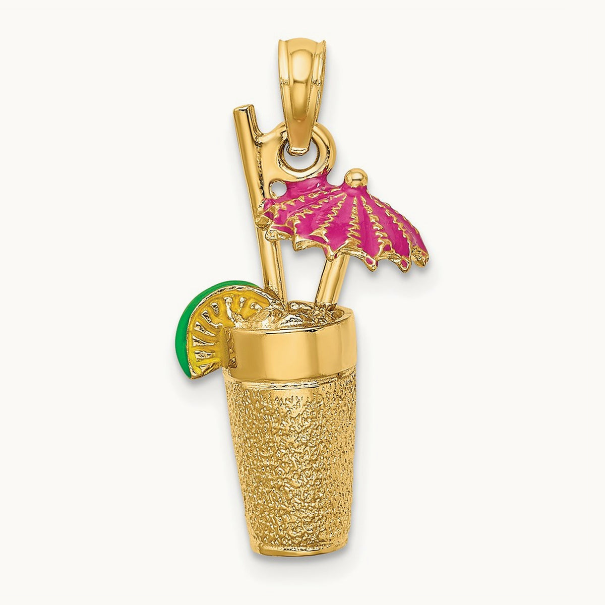 3-D Cocktail Drink w/Fuschia Enamel Umbrella and Lime Charm, 14K